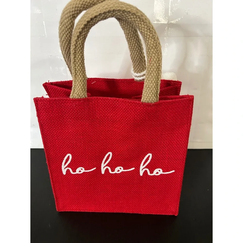 Mini Tote Bag Christmas Red Burlap Ho Ho Ho Embroidery Pom Poms Lacy's Designs